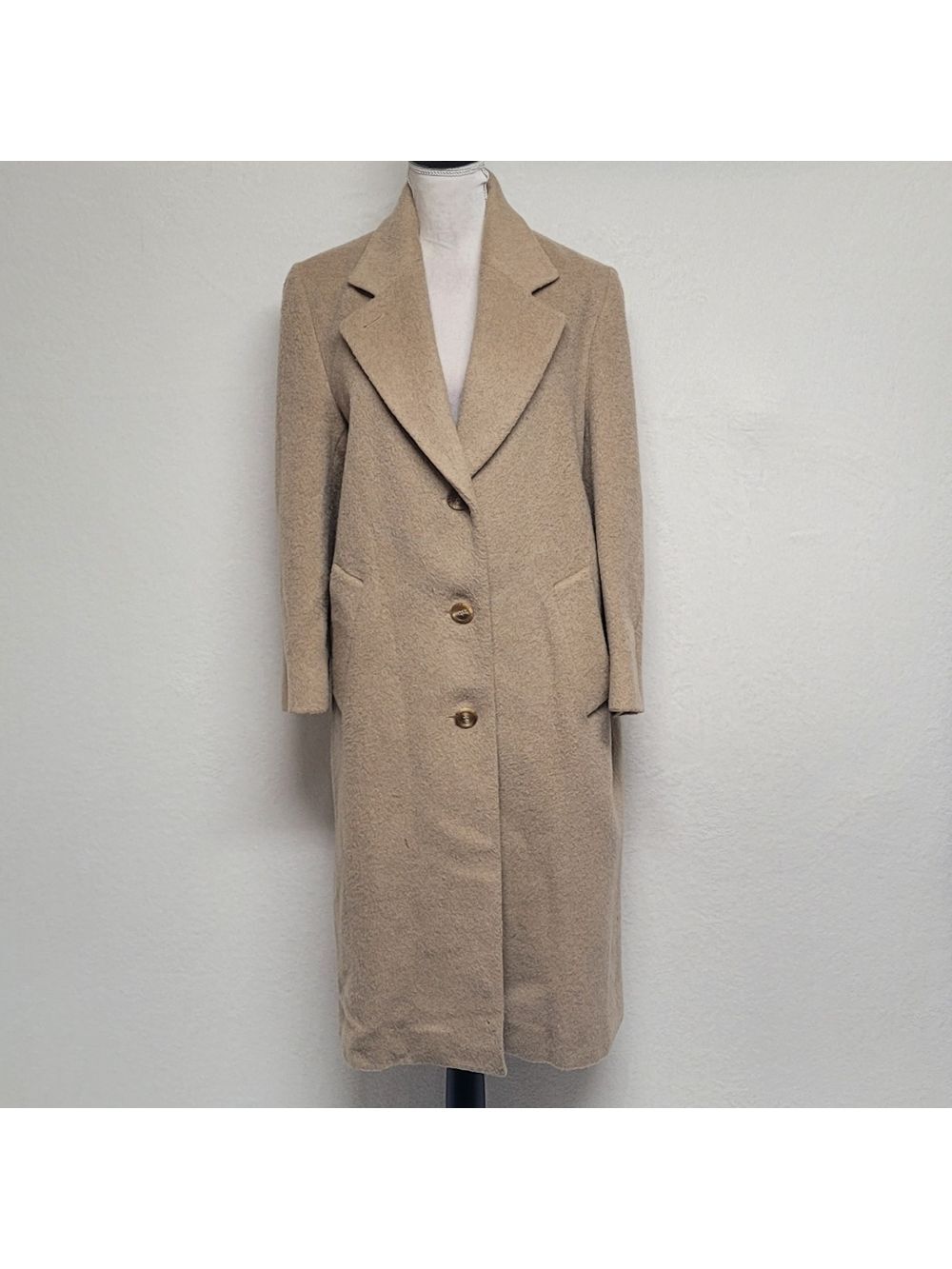 80s Vintage Jones New York Tan Pure Wool Notched Collar Longline Trench Coat XL - Picture 2 of 14